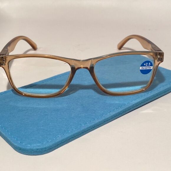 1394 Helen 2.50 Reading Glasses Thin Rectangle Bluelight Filter Taupe Frames NWT - Picture 2 of 9